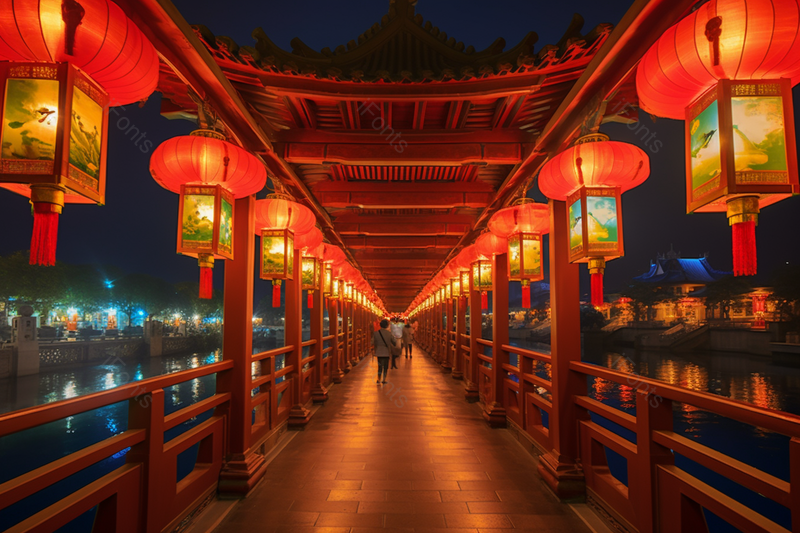 水上走廊灯笼喜庆节日夜景实拍摄影图,高清,摄影图,摄影图片,图片大全,摄影图免费下载